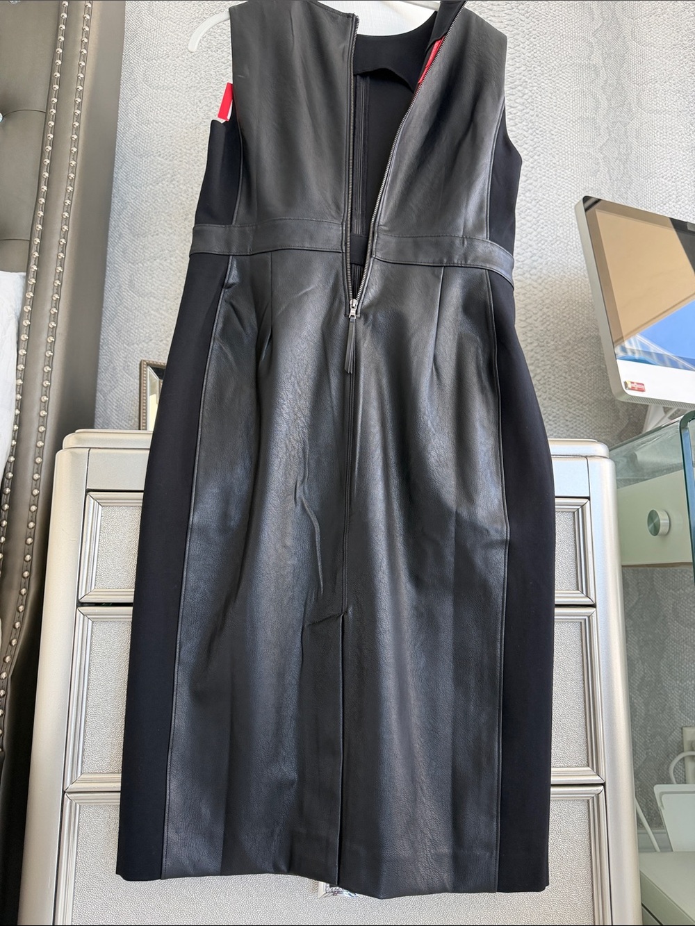SPANX Black Faux Leather Paneled Midi Sheath Dress NWT Large - Picture 10 of 16